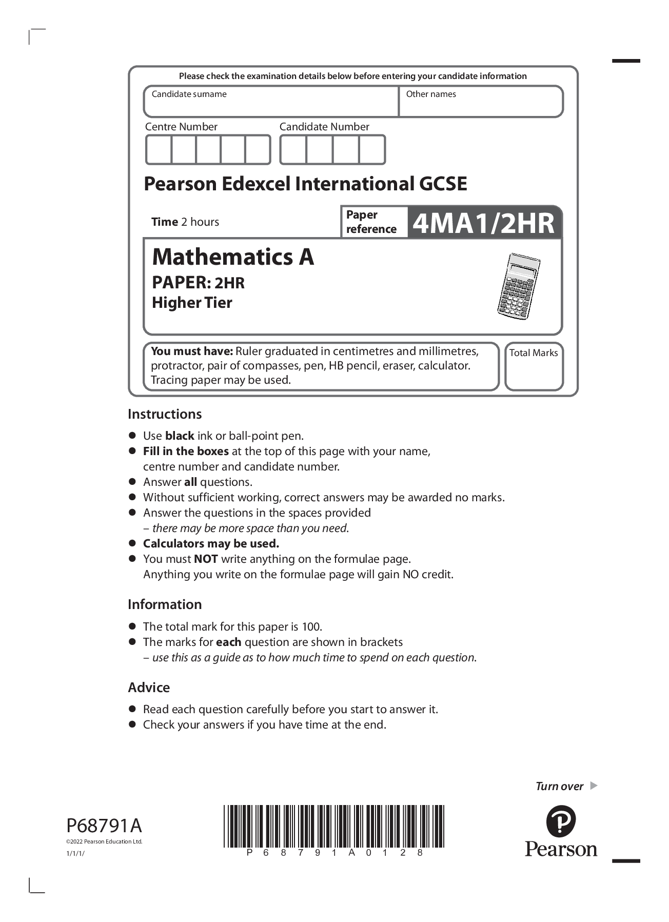 Preview image for 2022 pearson june booklet + mark scheme Edexcel International GCSE 4MA1/2HR Mathematics A PAPER: 2HR Higher Tier